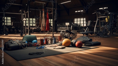 Gym with sports equipment and clothing scattered on the floor, featuring various workout gear including dumbbells, kettlebells, and fitness mats, emphasizing the bustling and dynamic atmosphere of a m photo