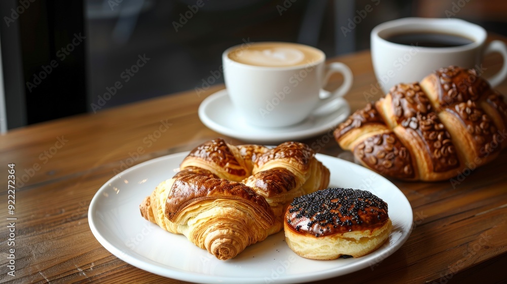 A cozy caf? scene with pastries and coffee on a wooden table. A cozy caf? scene with pastries and coffee on a wooden table.