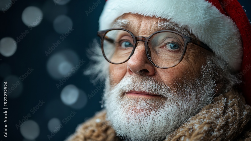 Senior man with white beard wearing santa hat is looking at the camera Senior man with white beard wearing santa hat is looking at the camera