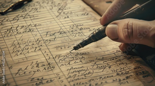 A close-up of a hand writing with a fountain pen on aged ledger paper, showcasing vintage style and historical significance.