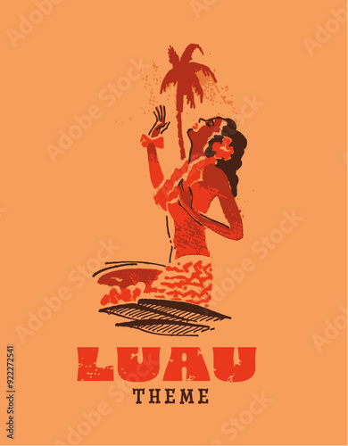 A hula girl wearing a lei in front of a palm tree. A retro Hawaiian themed vector art illustration of a hula dancer in orange, brown and sand colors