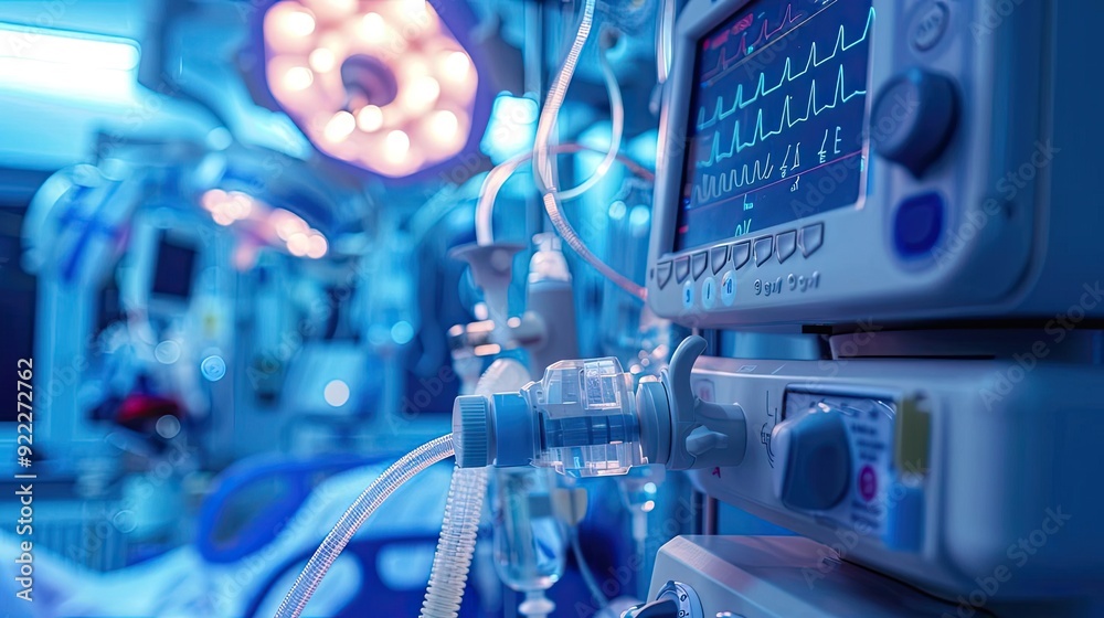 Close-up of a medical monitor in an intensive care unit, showcasing vital signs and advanced healthcare technology. Close-up of a medical monitor in an intensive care unit, showcasing vital signs and advanced healthcare technology.