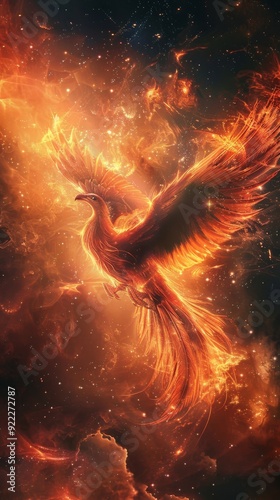 Reborn of a majestic phoenix with fiery glowing wings 