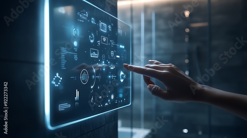 Close-Up of Fingers Swiping on a Smart Mirror in a High-Tech Bathroom