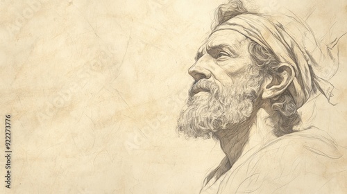 Biblical Illustration: King David receiving the final count of the fighting men, a look of contemplation on his face, set against a beige background for Bible wall art.