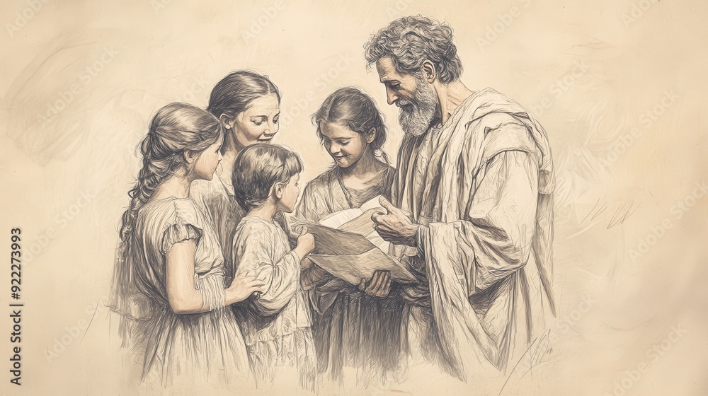 Fototapeta premium Biblical Illustration: David, surrounded by his family, speaks of God's promise, creating an atmosphere of hope and divine assurance, set against a beige background for Bible wall art.