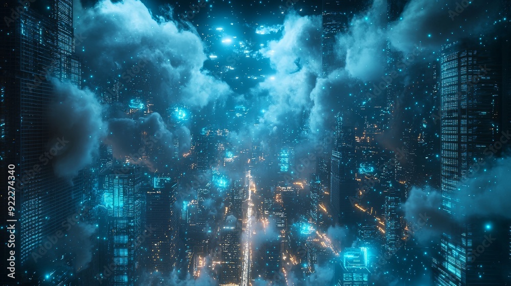 An abstract motion of digital data flow in a futuristic web technology web futuristic hologram with cloud icon, blue golden light digits, and code background. Stock image. An abstract motion of digital data flow in a futuristic web technology web futuristic hologram with cloud icon, blue golden light digits, and code background. Stock image.
