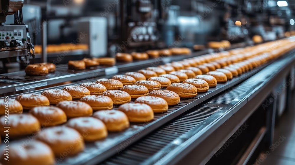 An industrial view of a confectionery production line with rows of freshly baked pastries topped with sugar glaze moving along a conveyor belt.