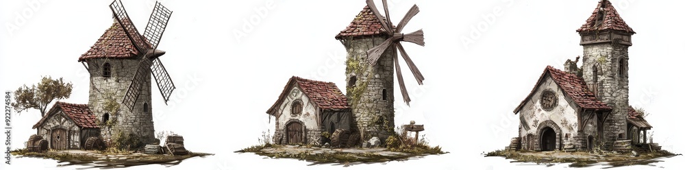 White background with isolated windmills - Stock photo White background with isolated windmills - Stock photo