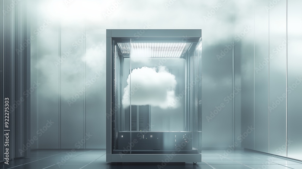 A futuristic installation with a cloud hovering inside a glass chamber in a modern, minimalistic space A futuristic installation with a cloud hovering inside a glass chamber in a modern, minimalistic space