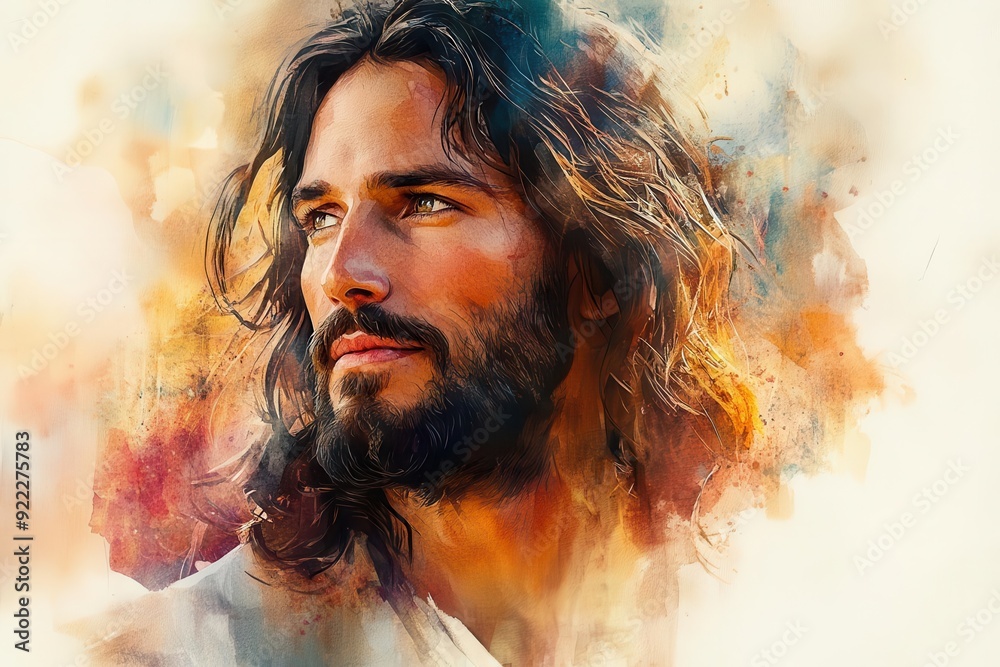 ethereal watercolor portrait of jesus serene face emerges from soft washes of light gentle brushstrokes in warm earth tones and luminous highlights create a spiritual contemplative atmosphere