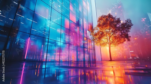 A digital futuristic cityscape features glowing skyscrapers with vibrant reflections on wet pavement and a solitary autumn tree, suitable for tech and urban future themes, photo