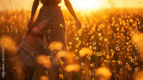 Woman in a wheat field at sunset, cinching a chamomile-decorated dress with a belt, embracing the unity with nature concept