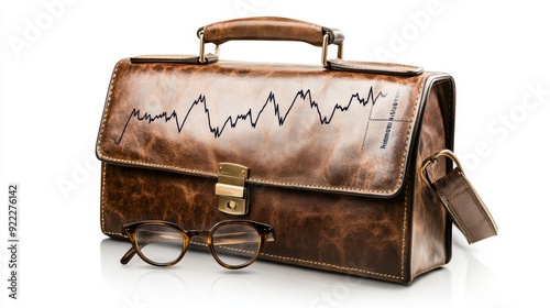 A stylish brown leather briefcase with glasses and a financial graph design, perfect for business and productivity concepts.