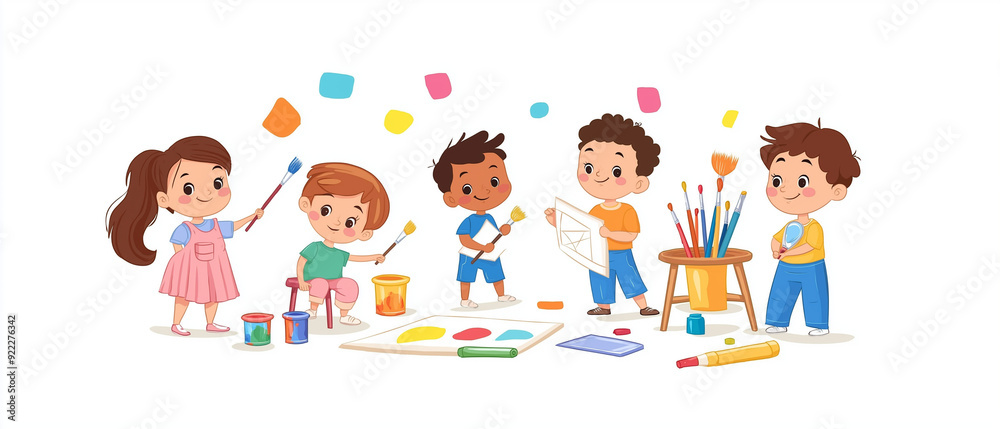 A group of children draws with crayons, holds brushes and paints in their hands, playing in the studio A group of children draws with crayons, holds brushes and paints in their hands, playing in the studio