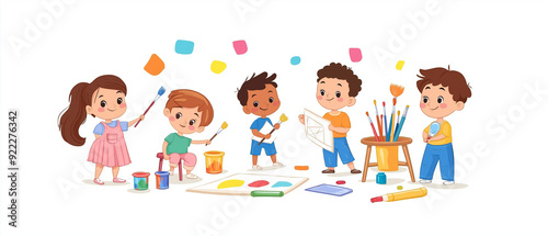 A group of children draws with crayons, holds brushes and paints in their hands, playing in the studio