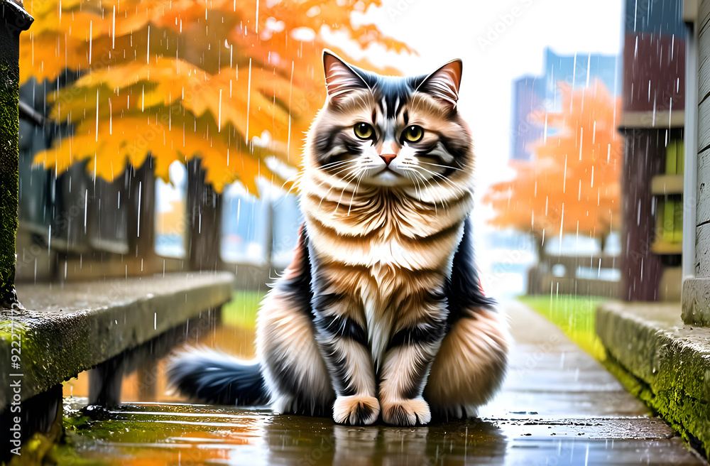 Obraz premium The cat is sitting in the autumn rain
