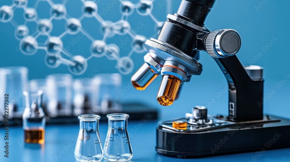 Close-up of a microscope analyzing liquid samples with molecular structures in the background, illustrating scientific research. Close-up of a microscope analyzing liquid samples with molecular structures in the background, illustrating scientific research.