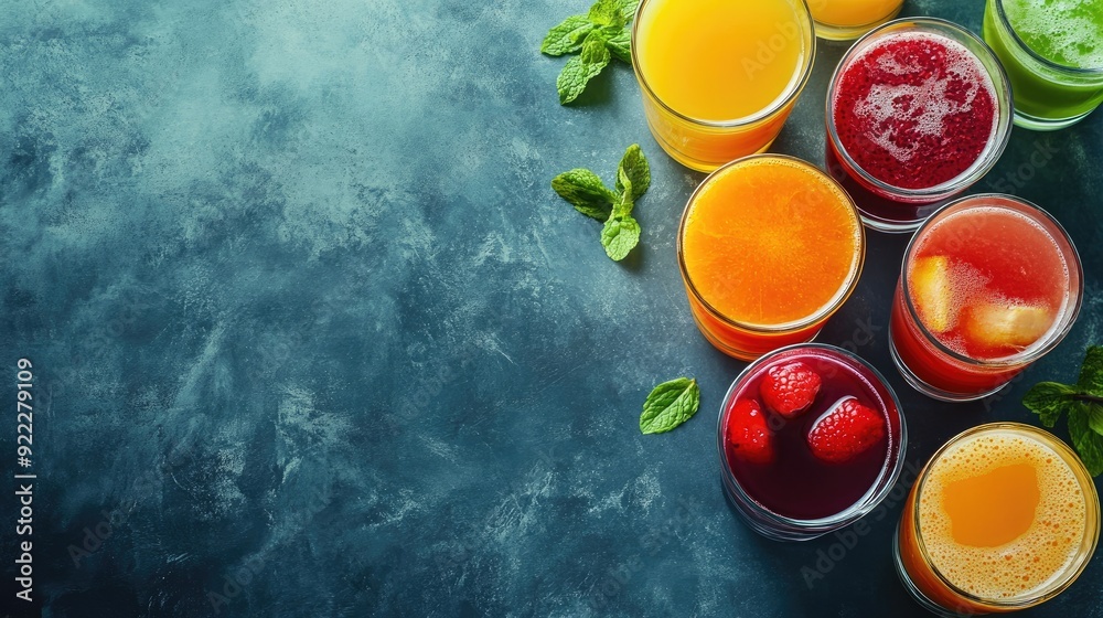 A variety of fruit juices in glassware on a table. Top view with ample space for copy, ideal for beverage ads or menus. A variety of fruit juices in glassware on a table. Top view with ample space for copy, ideal for beverage ads or menus.