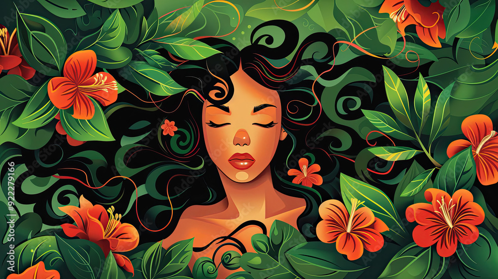 A woman rests peacefully among colorful flowers and green leaves, embodying tranquility in a natural paradise