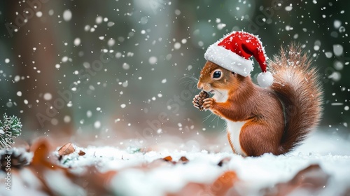 On a Christmas poster, a squirrel wears a Santa Claus hat in the snow