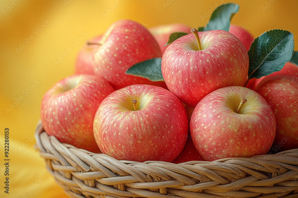 A basket of freshly picked apples, set against a pastel yellow background, A basket of freshly picked apples, set against a pastel yellow background,