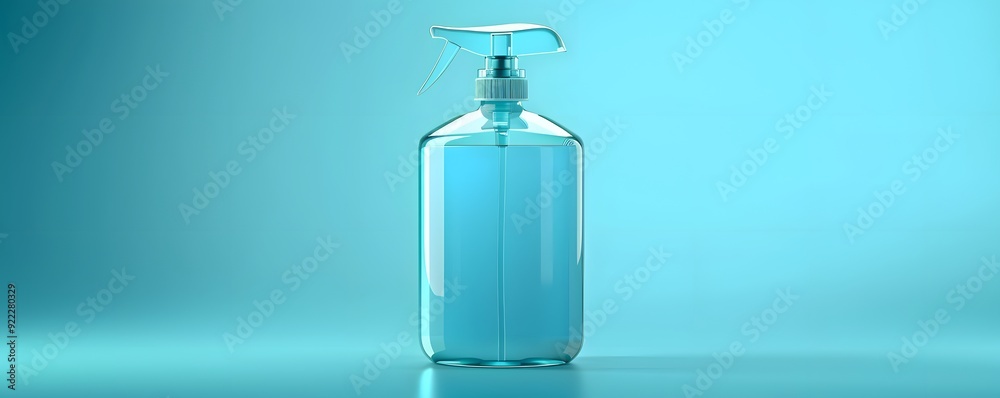 A Clear Spray Bottle with a Blue Liquid and a White Pump on a Blue Background A Clear Spray Bottle with a Blue Liquid and a White Pump on a Blue Background