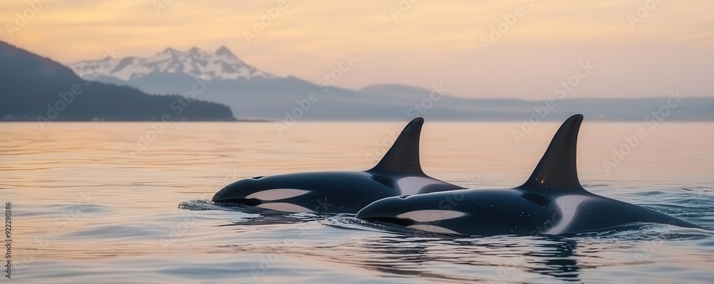 Fototapeta premium A pod of orcas surfacing in a calm bay at dawn, the first light of day reflecting off their wet skin, photorealistic