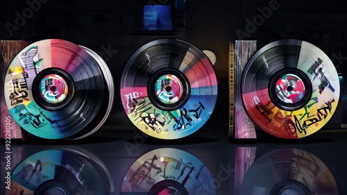 Vinyl records with bright graffiti on the surface, reflected on a smooth surface