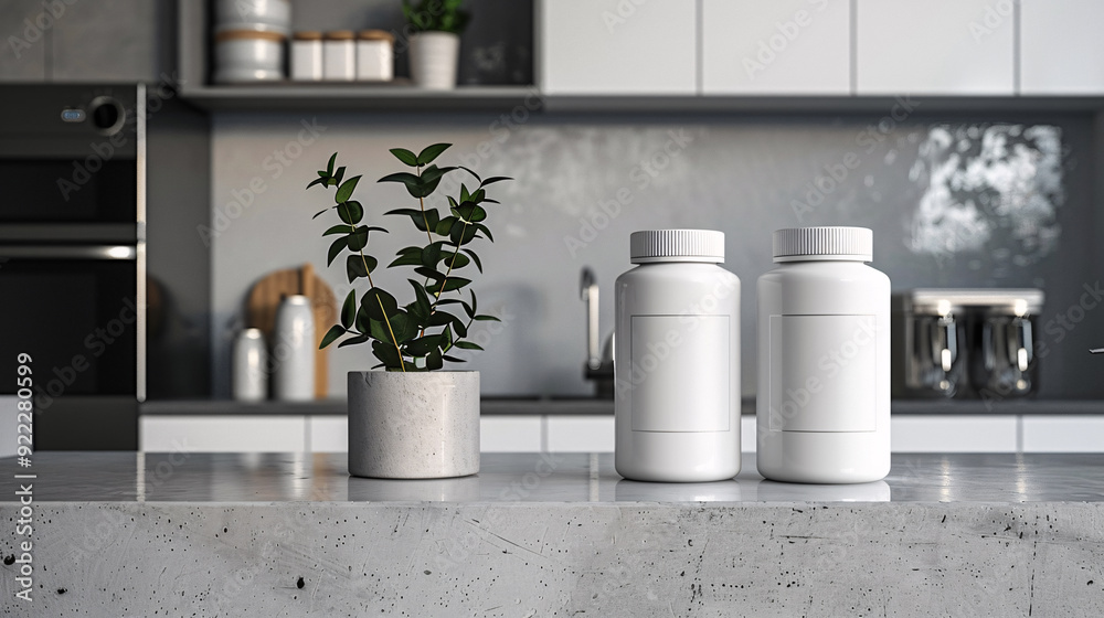 Two white pill bottles with blank labels sit on a gray countertop in a modern kitchen. A potted plant adds a touch of nature to the scene. Two white pill bottles with blank labels sit on a gray countertop in a modern kitchen. A potted plant adds a touch of nature to the scene.