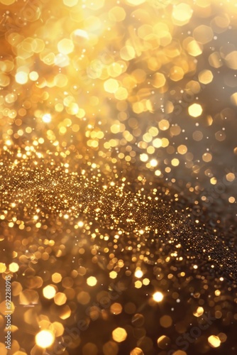 Gold blurry defocused sparkle glitter gold bokeh background wallpaper with copy space. Gold Christmas glitter design background. Magic artistic shiny golden circle bokeh.