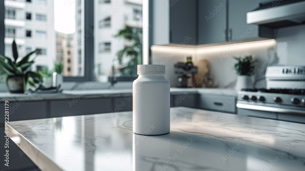 A white pill bottle sits on a marble countertop in a modern kitchen, ready to be filled with a new health product. A white pill bottle sits on a marble countertop in a modern kitchen, ready to be filled with a new health product.