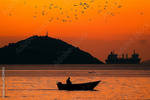 ing boat at sunset photo