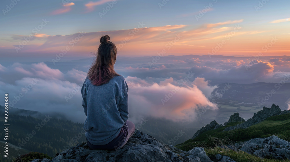 Fototapeta premium Rear view of a young woman sitting on a mountain top, peacefully gazing at low-lying morning clouds and pastel sunrise colors