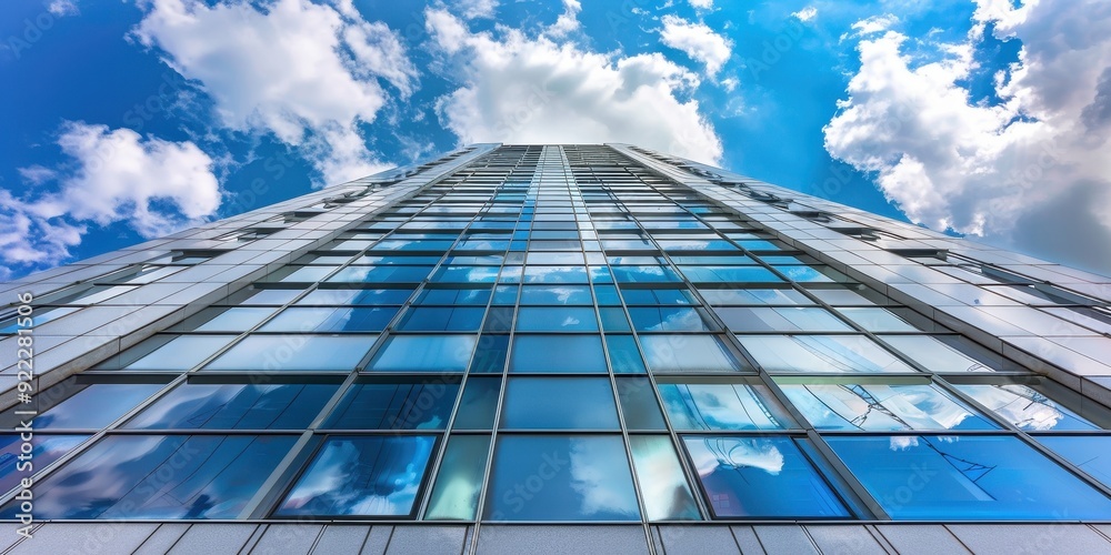A tall building with many windows and a blue sky in the background A tall building with many windows and a blue sky in the background