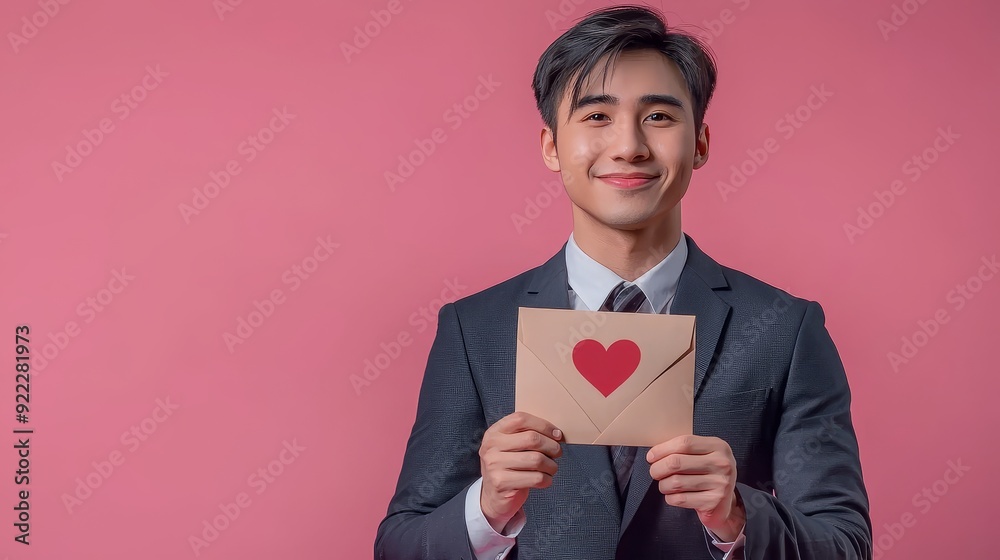 Valentine's Day poster with Asian person giving a card. Valentine's Day poster with Asian person giving a card.