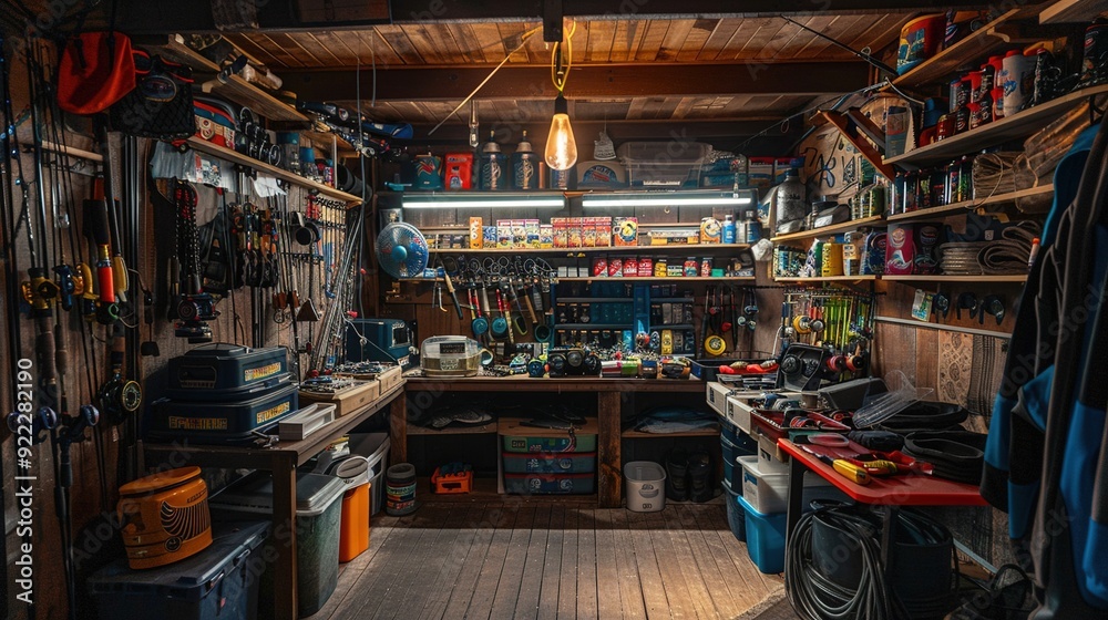 Fototapeta premium A store room with neatly organized fishing tackle and bait.