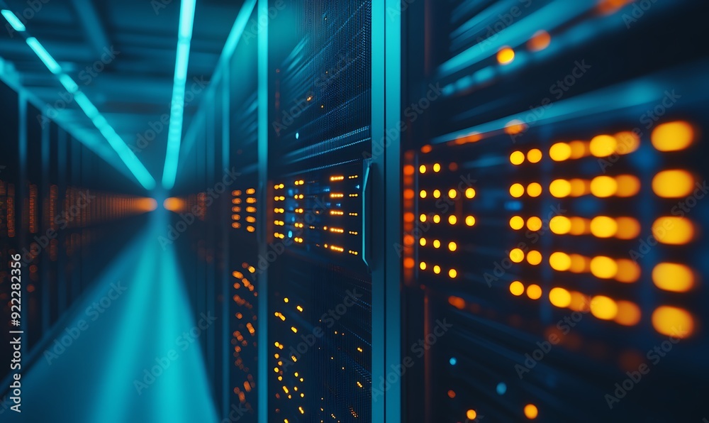 Mid-Range Shot of a High-Tech Data Center with Rows of Blinking Servers Mid-Range Shot of a High-Tech Data Center with Rows of Blinking Servers