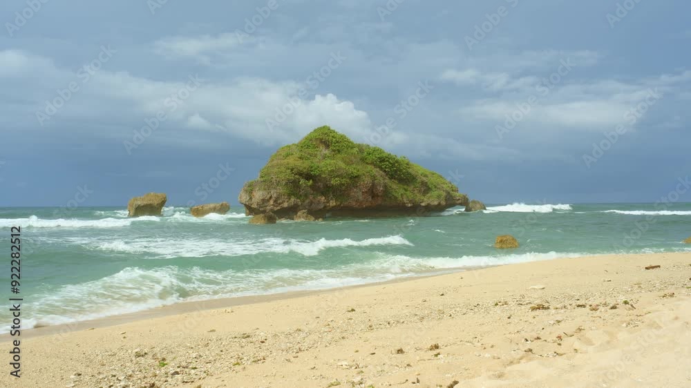  Tropical Beach Morning at Ngandong – Java, Indonesia – Light Brown Sand, Coral Reef, Rocks, and Turquoise Waves – 4K