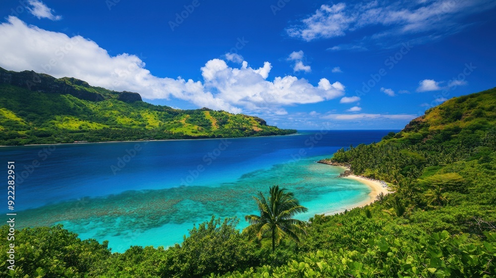 Tropical Paradise: Lush Green Hills Encircling a Turquoise Lagoon Tropical Paradise: Lush Green Hills Encircling a Turquoise Lagoon