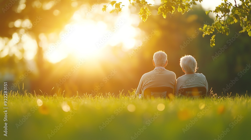 A serene moment as an elderly couple enjoys the sunset together in a beautiful park, symbolizing love and companionship.