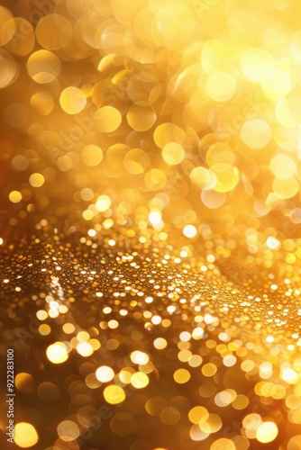 Gold blurry defocused sparkle glitter gold bokeh background wallpaper with copy space. Gold Christmas glitter design background. Magic artistic shiny golden circle bokeh.