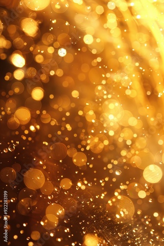 Gold blurry defocused sparkle glitter gold bokeh background wallpaper with copy space. Gold Christmas glitter design background. Magic artistic shiny golden circle bokeh.