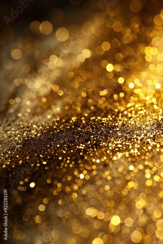 Gold blurry defocused sparkle glitter gold bokeh background wallpaper with copy space. Gold Christmas glitter design background. Magic artistic shiny golden circle bokeh.