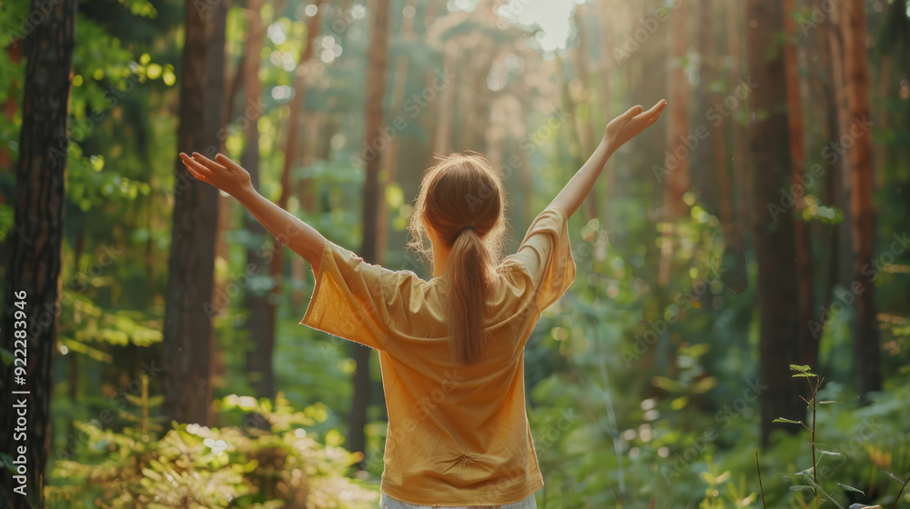 Free woman with open arms breathing clean air in a nature forest, viewed from the back, celebrating happiness and wellness Free woman with open arms breathing clean air in a nature forest, viewed from the back, celebrating happiness and wellness