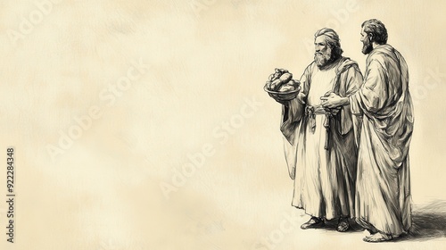 Biblical Illustration: Ziba, holding gifts of provisions, stands before David, detailing his loyalty and service to the king, set against a beige background for Bible wall art.