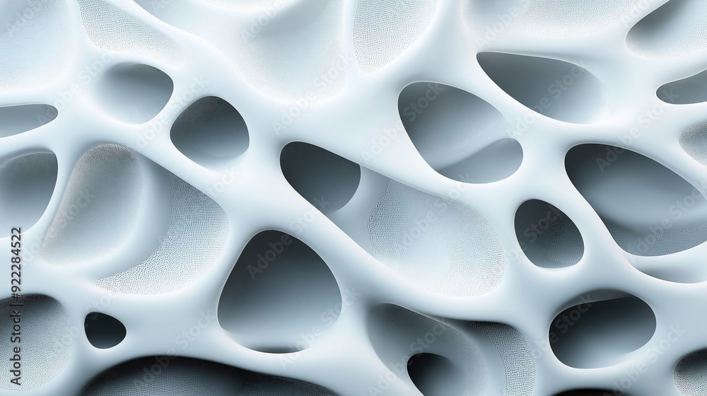 Abstract image featuring organic, fluid-like shapes with smooth, curved surfaces and holes, resembling a microstructure or cellular pattern. Abstract image featuring organic, fluid-like shapes with smooth, curved surfaces and holes, resembling a microstructure or cellular pattern.