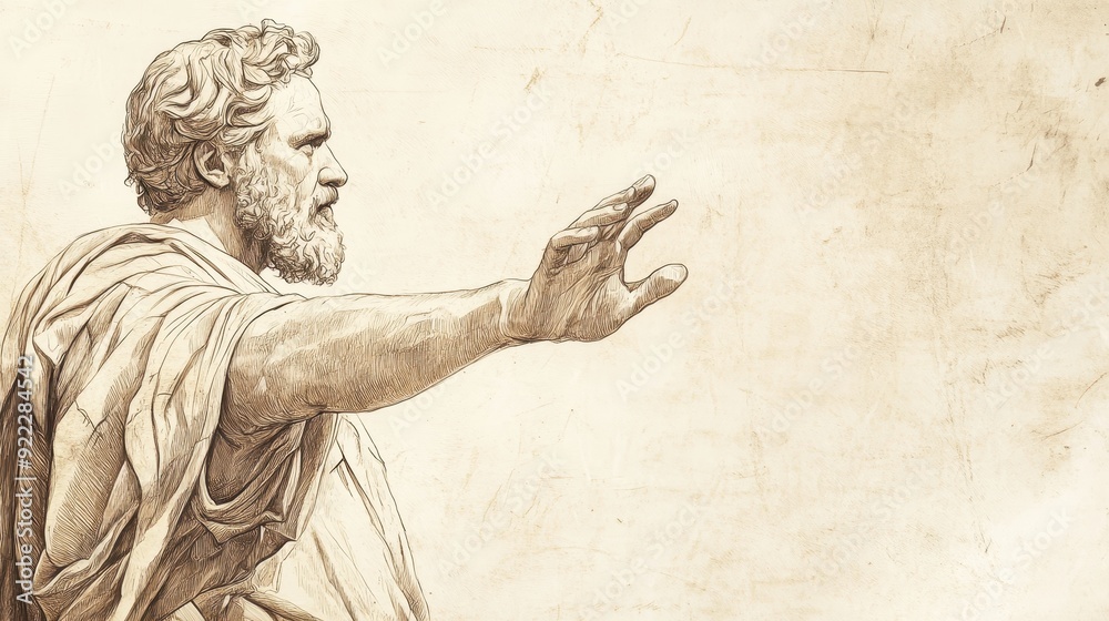 Fototapeta premium Biblical Illustration: David, stopping to greet and bless the people of Jerusalem, extends his hands in a gesture of peace and unity, set against a beige background for Bible wall art.