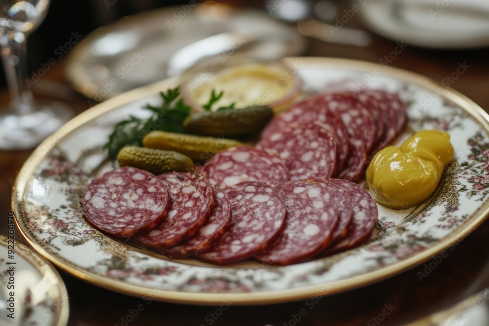 salami slices being served on a stylish platter with accompanying condiments, such as mustard and pickles, set on a beautifully set dining table salami slices being served on a stylish platter with accompanying condiments, such as mustard and pickles, set on a beautifully set dining table