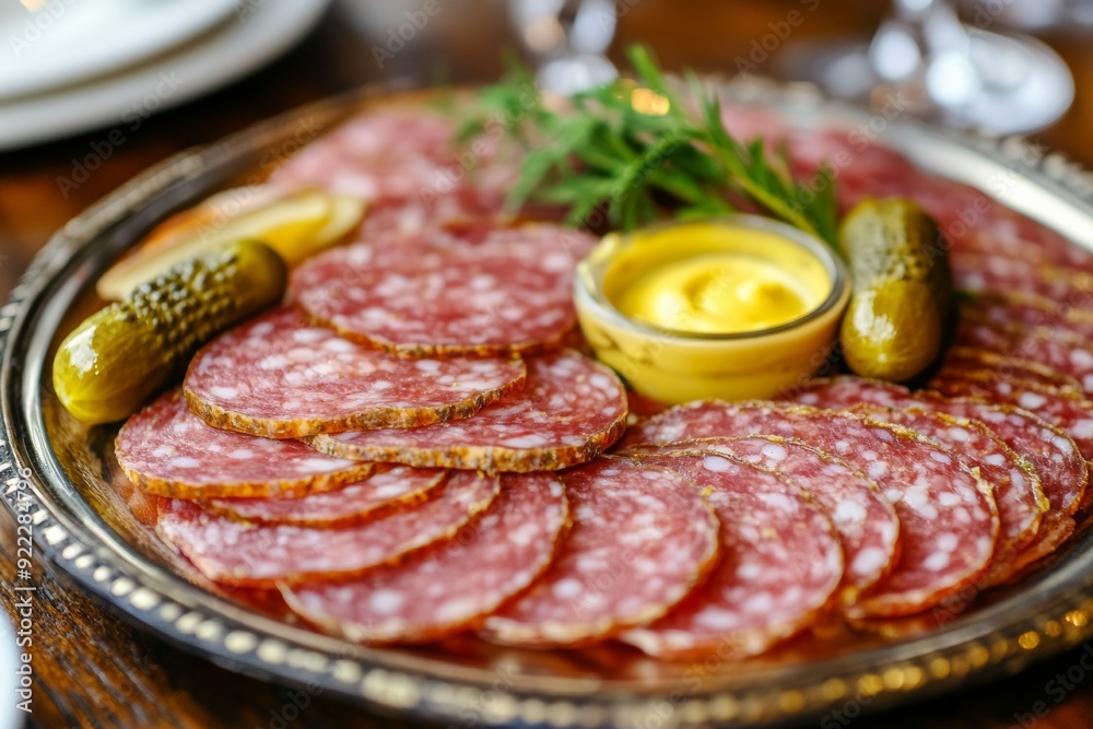 salami slices being served on a stylish platter with accompanying condiments, such as mustard and pickles, set on a beautifully set dining table